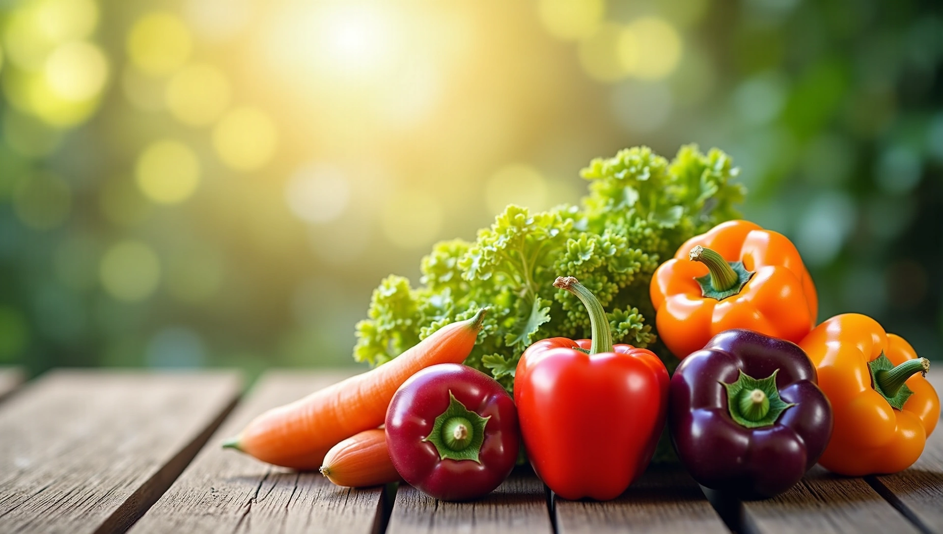 Frutas y verduras frescas y vibrantes en una mesa de madera