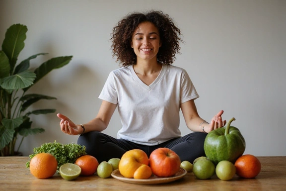 Imagen de una persona meditando junto a frutas y verduras